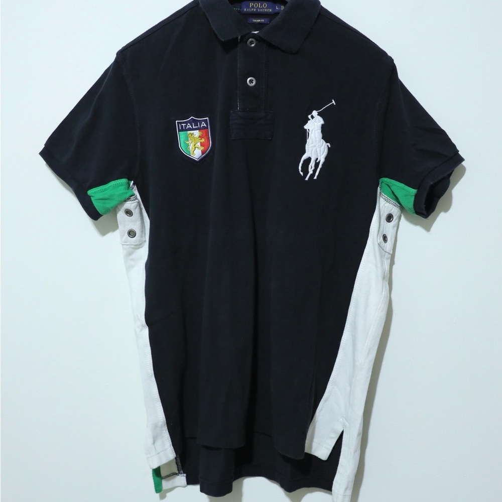 Polo Ralph Lauren Italia Polo Shirt Mens Large L Black Big Pony Italy Crest Vtg